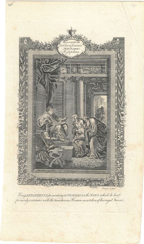 1780 View of King Artaxerxes presenting the Ring by A. Doolittle for American Edition of Maynard's Josephus