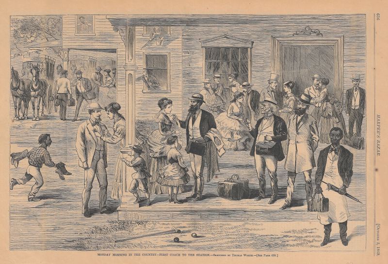 1869 Harper's Bazar Fashion Cover Scene at the Station