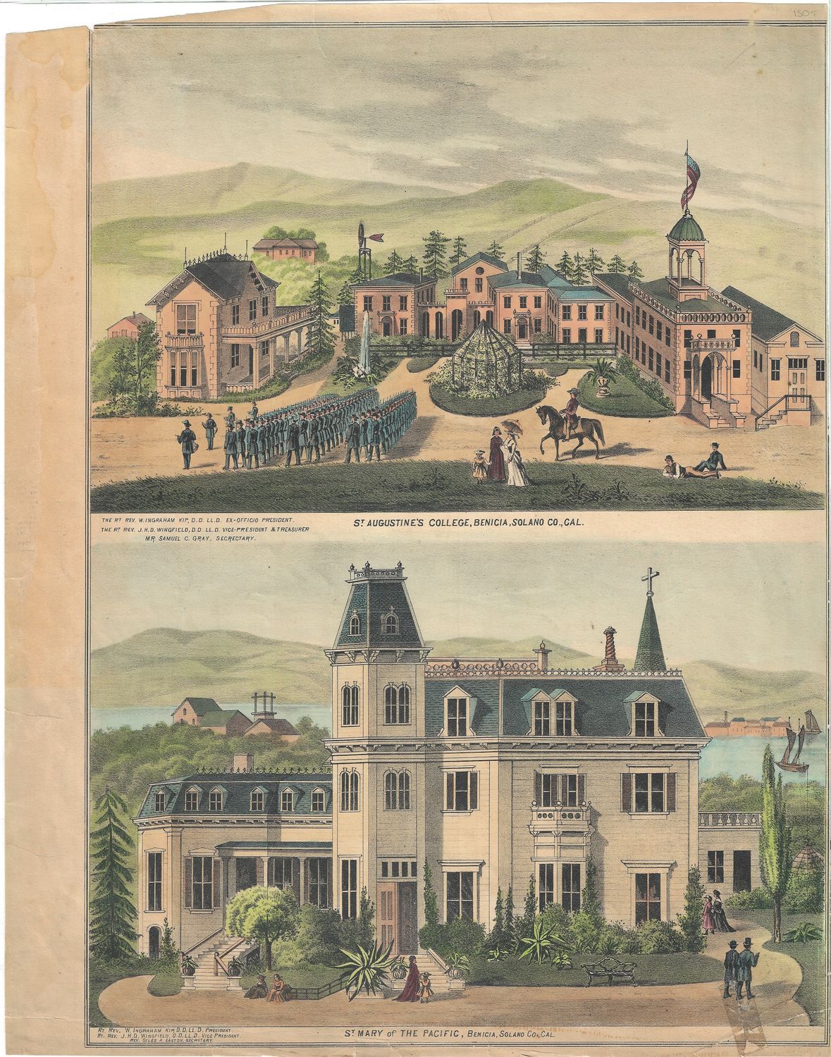 1879 View of St. Augustine&#39;s College &amp; St. Mary of the Pacific in  Benicia Ca. by Thompson &amp; West