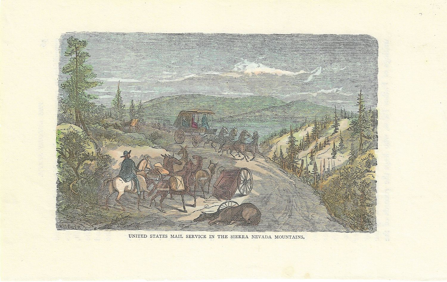 1873 View of United States Mail Service in the Sierra Nevada with hand color 