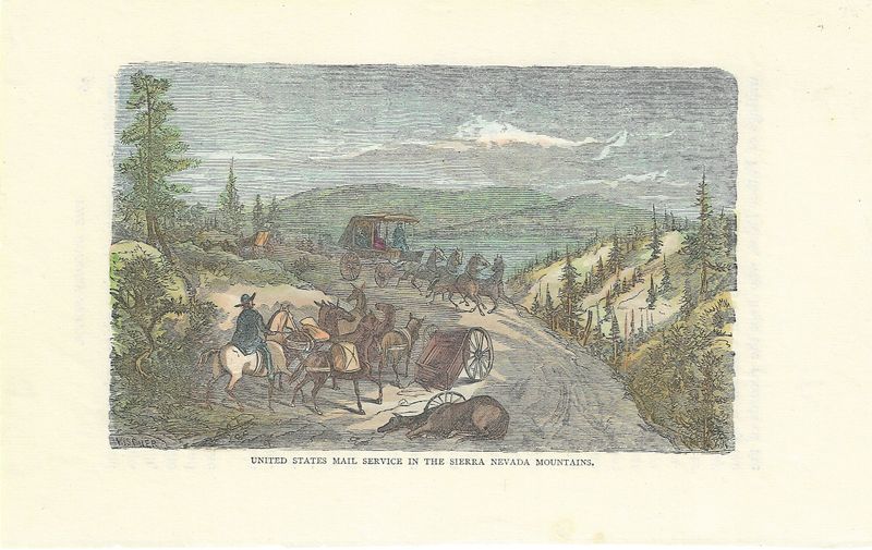 1873 View of United States Mail Service in the Sierra Nevada with hand color 