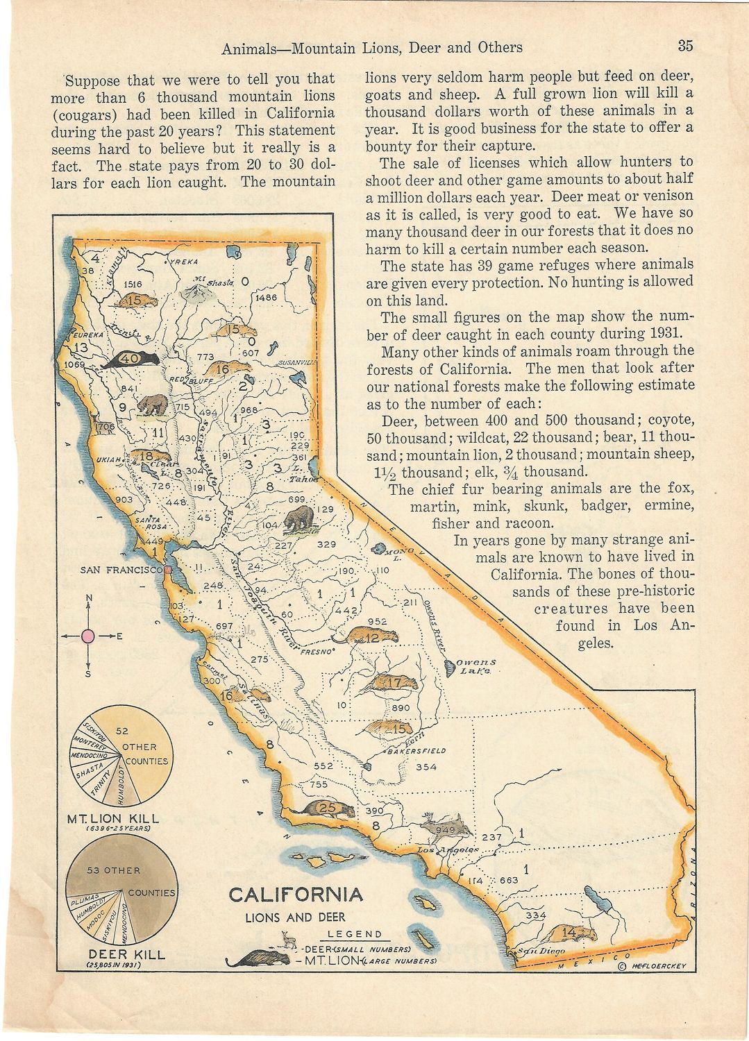 1930 Map of California Lions and Deer / Population with hand color 