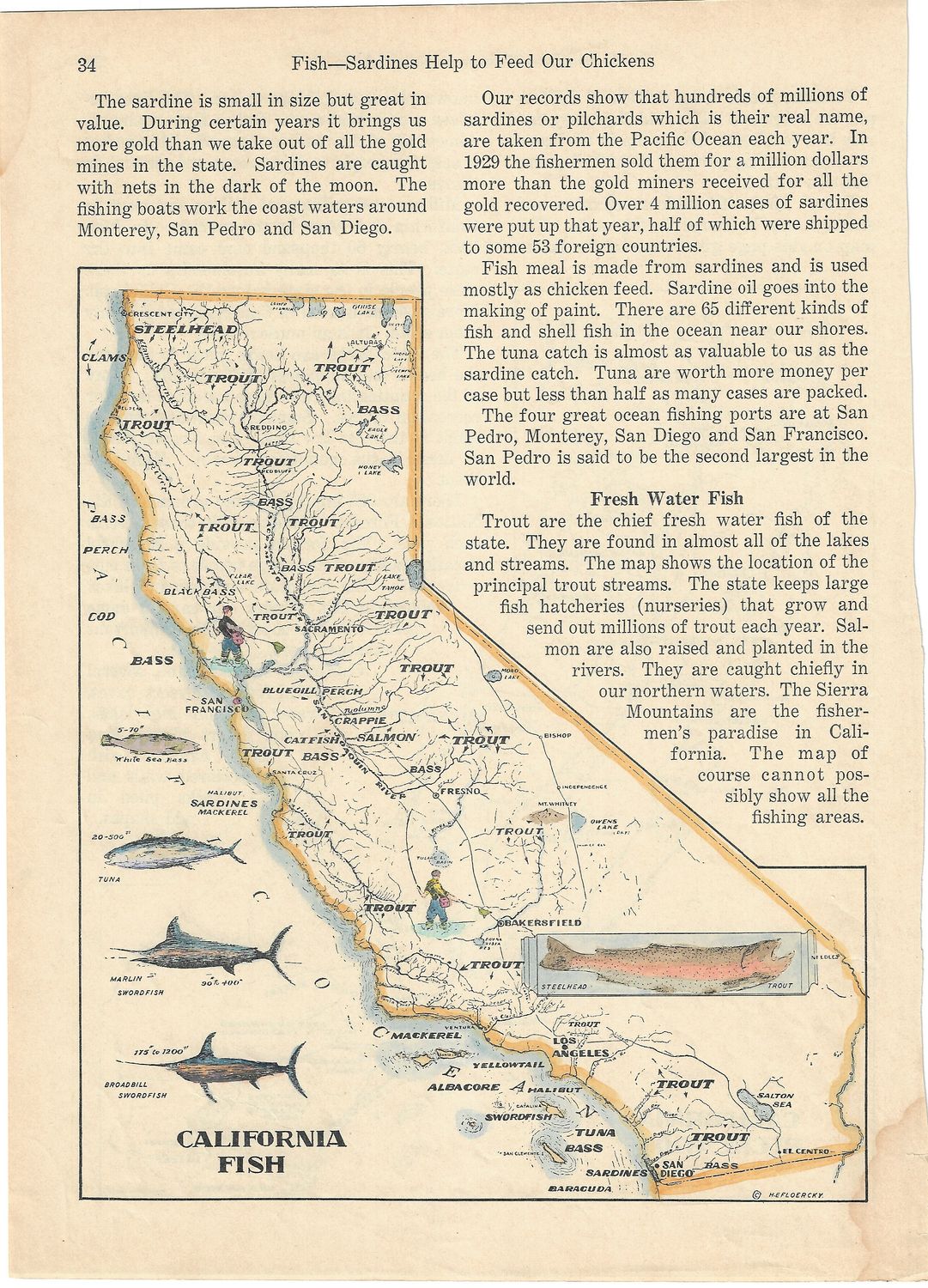 1930 Map of California Fish/ Calif. recreation with hand color 