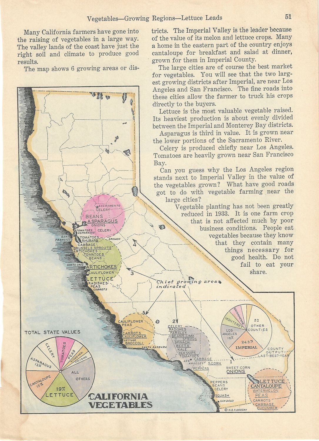 1930 Map of California Vegetables with hand color 