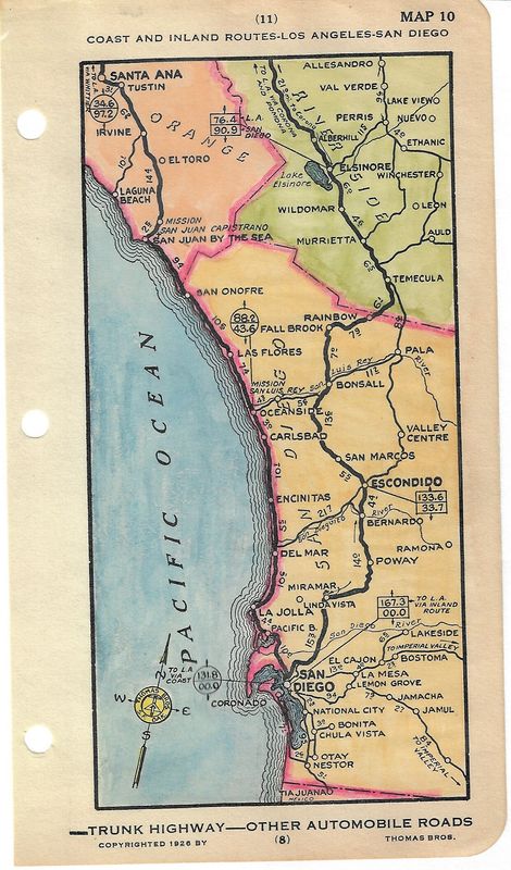 1930 Map of Coast Route SF-LA Map # 10 Santa Ana to San Diego