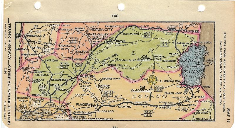 1930 Map of Coast Route SF-LA Map # 17 Sacramento, Placerville, Auburn Lake Tahoe
