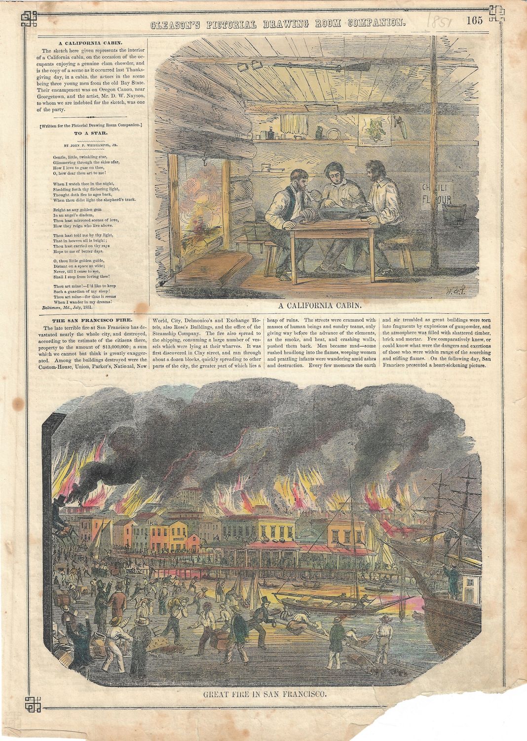 1851 View of the Great Fire in San Francisco &amp; a California Miners Cabin Scene w/ Text