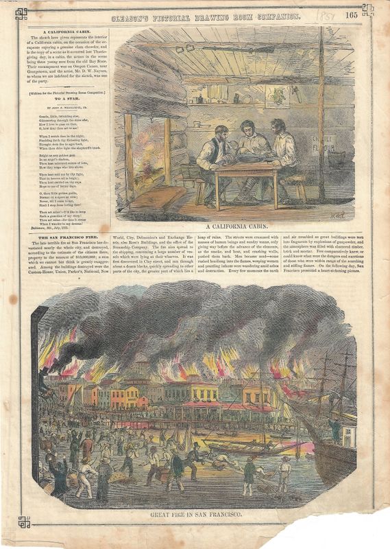 1851 View of the Great Fire in San Francisco &amp; a California Miners Cabin Scene w/ Text