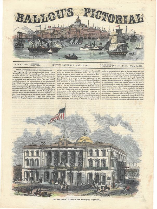 1857 View of Merchants' Exchange Building in San Francisco from Ballou's Pictorial