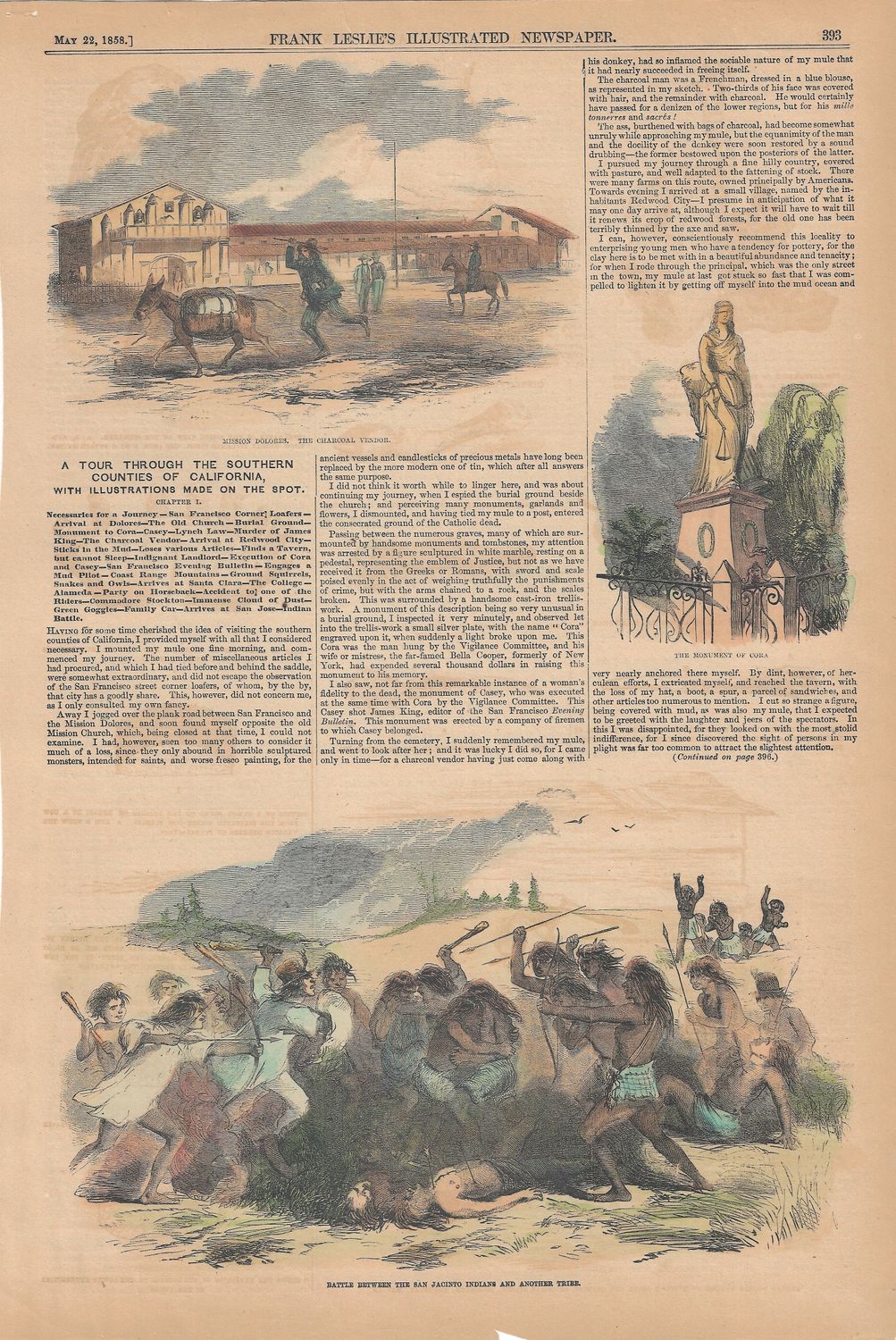 1858 View of Mission Dolores and an Indian Battle from Frank Leslie&#39;s illustrated News