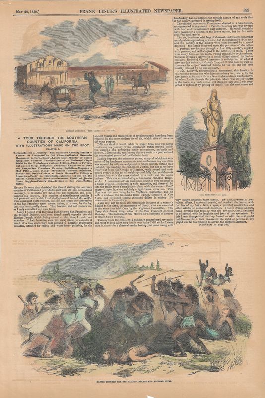 1858 View of Mission Dolores and an Indian Battle from Frank Leslie's illustrated News