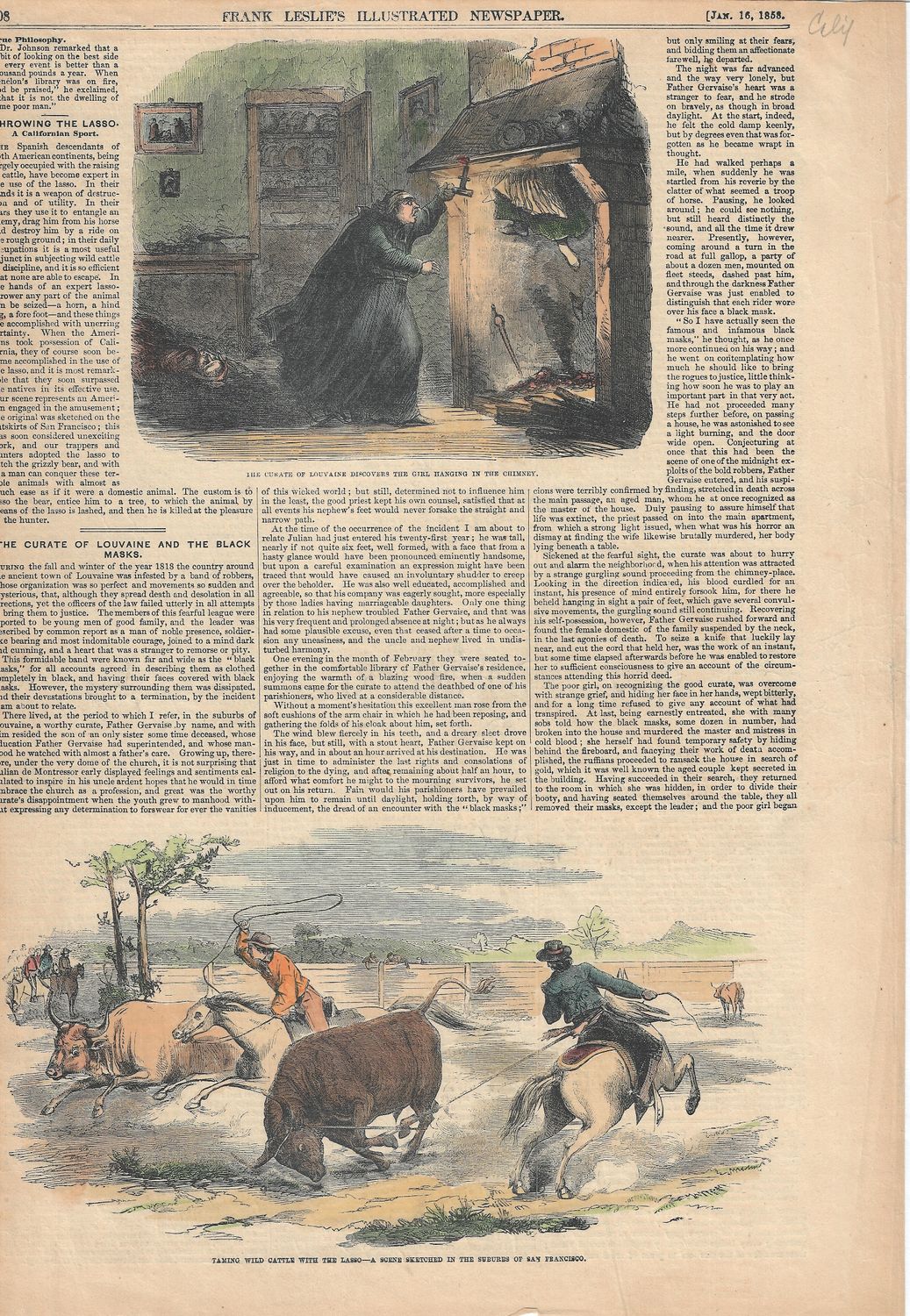 1858 View of the Taming of Wild Cattle in the Suburbs of San Francisco from Frank Leslie&#39;s illustrated News