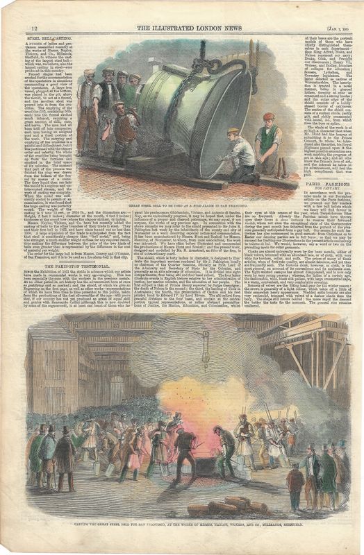 1860 View of Casting of the Steel Fire Alarm Bell for San Francisco from Frank Leslie's Illustrated News