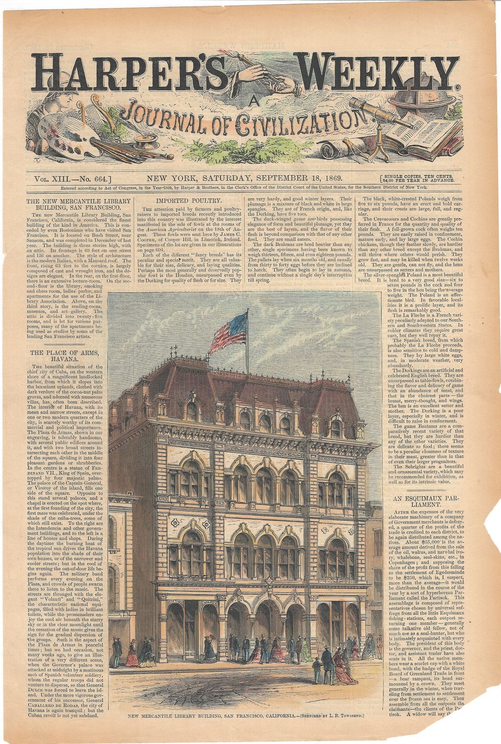 1869 View of Mercantile Library in San Francisco @ Bush &amp; Sansome, from Harper&#39;s Weekly