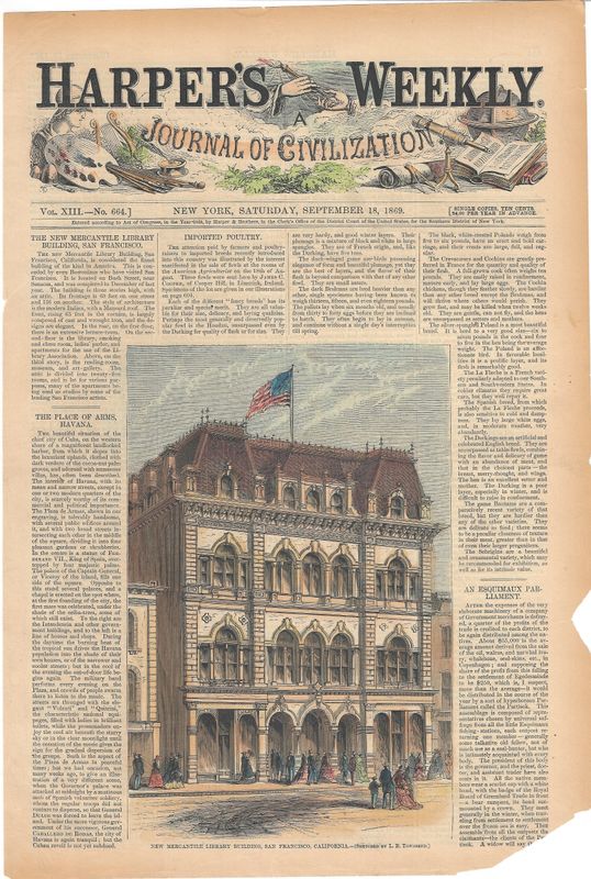 1869 View of Mercantile Library in San Francisco @ Bush &amp; Sansome, from Harper's Weekly