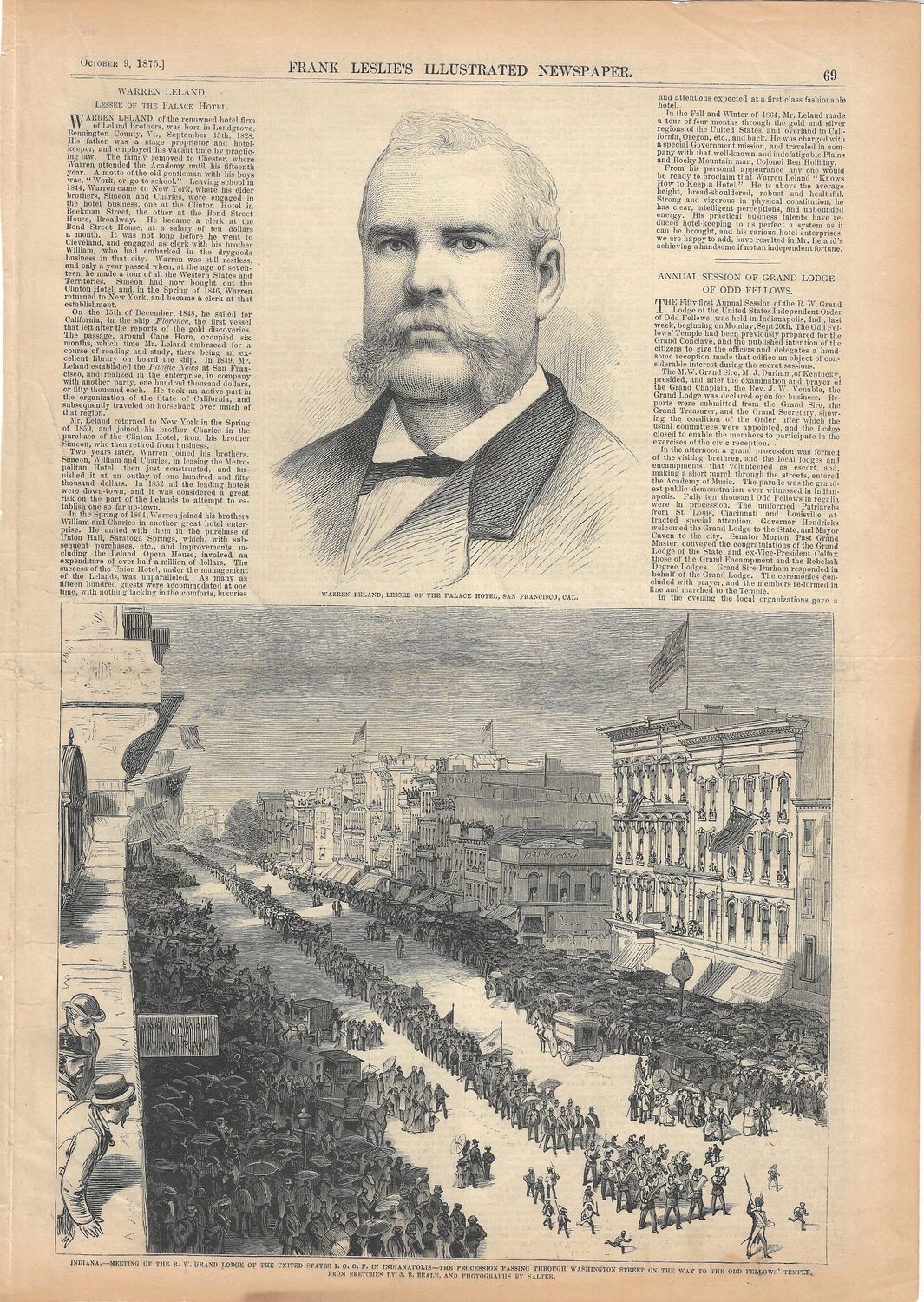 1875 Portrait of Warren Leland  , lessee of the Palace Hotel Owner &amp; the I.O.O.F procession