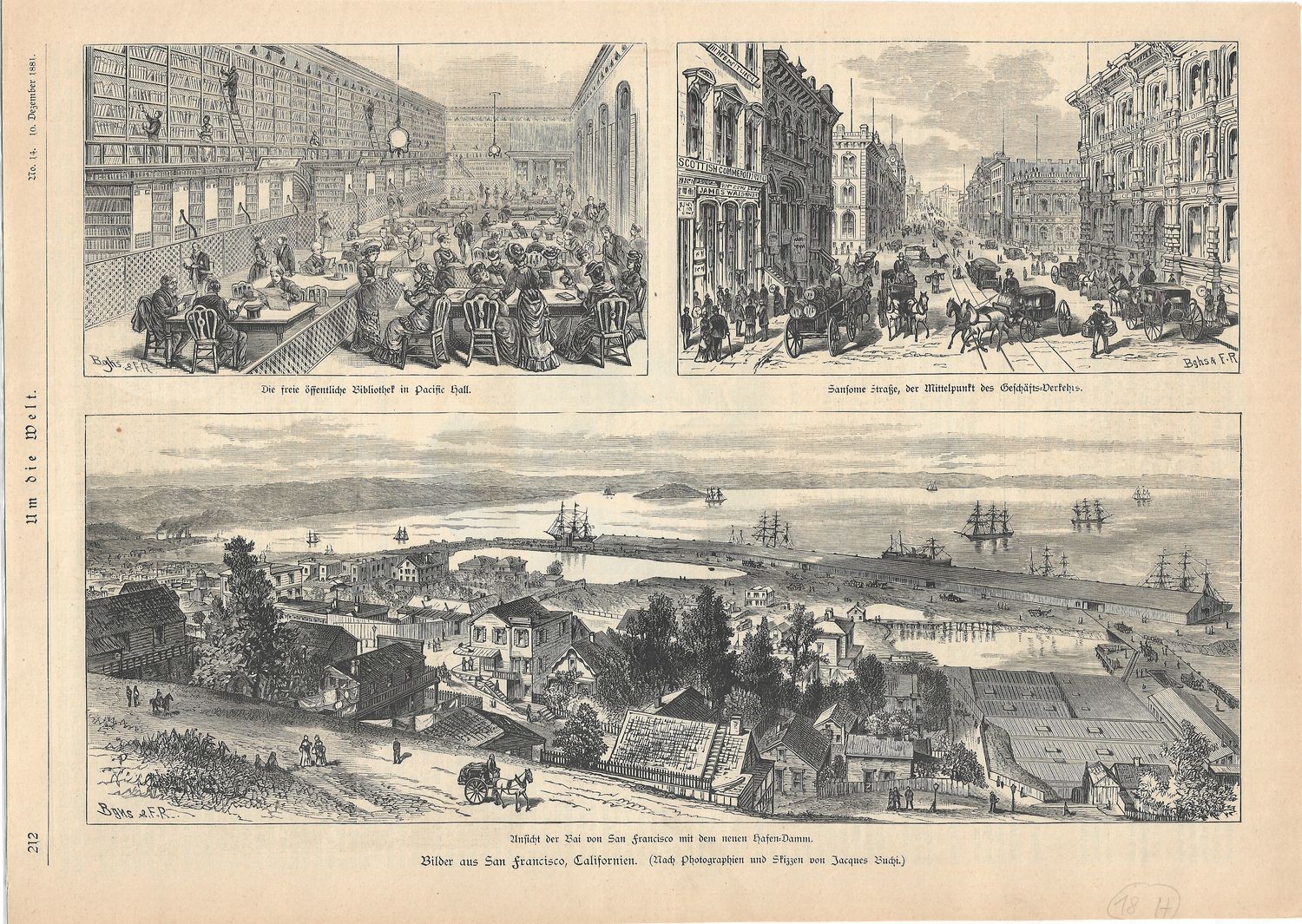 1881 View of the Northpoint Sea Wall, Sansom St. and Free Library in San Francisco in German