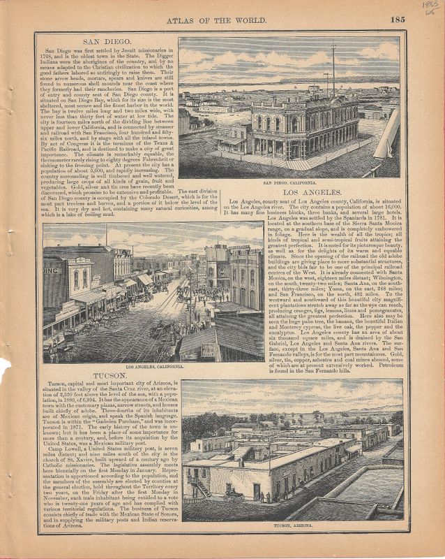 1883 Views of San Diego , Los Angeles  &amp; Tucson from the Atlas of the World