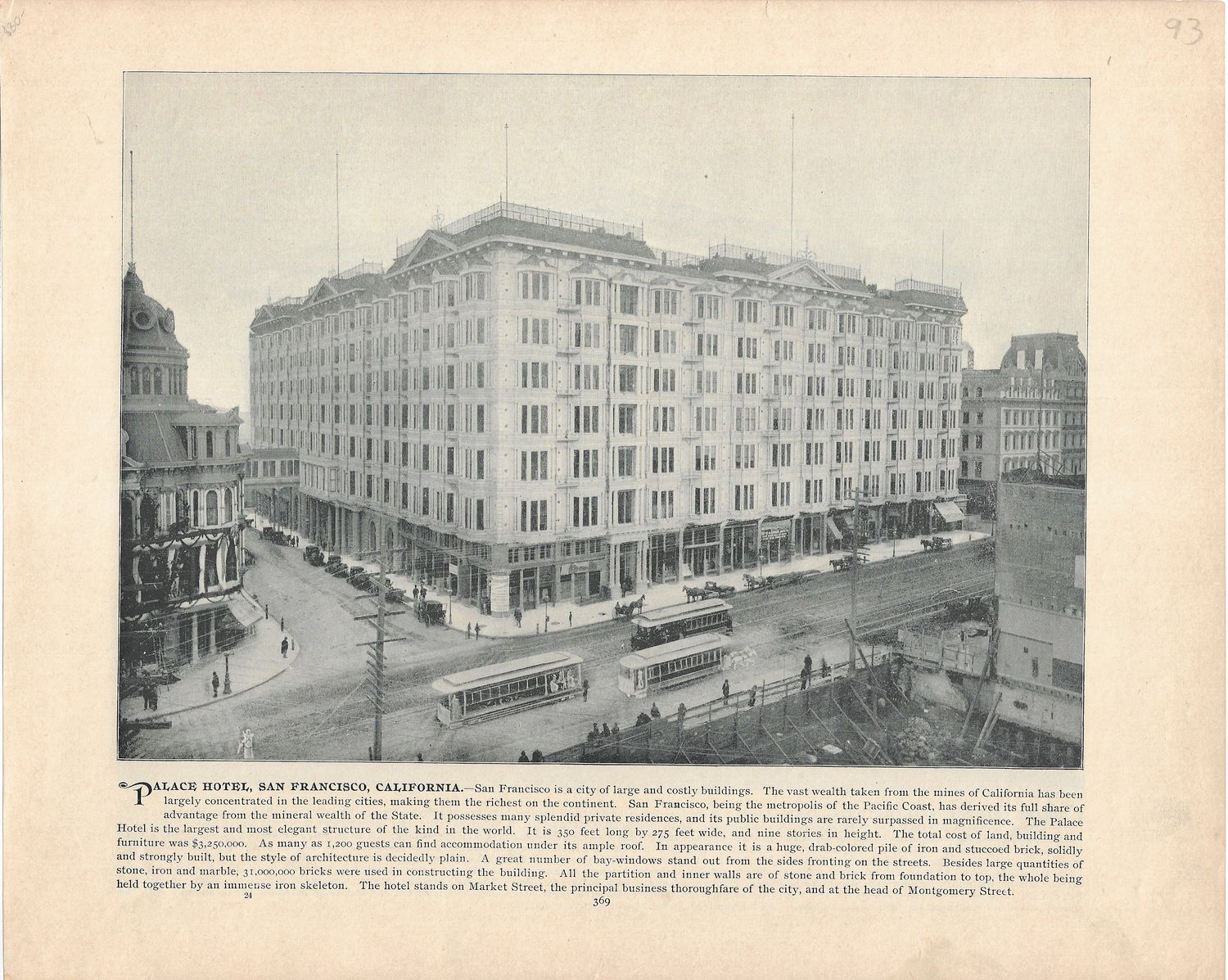 1893 View of the Palace Hotel in Photo-lithography