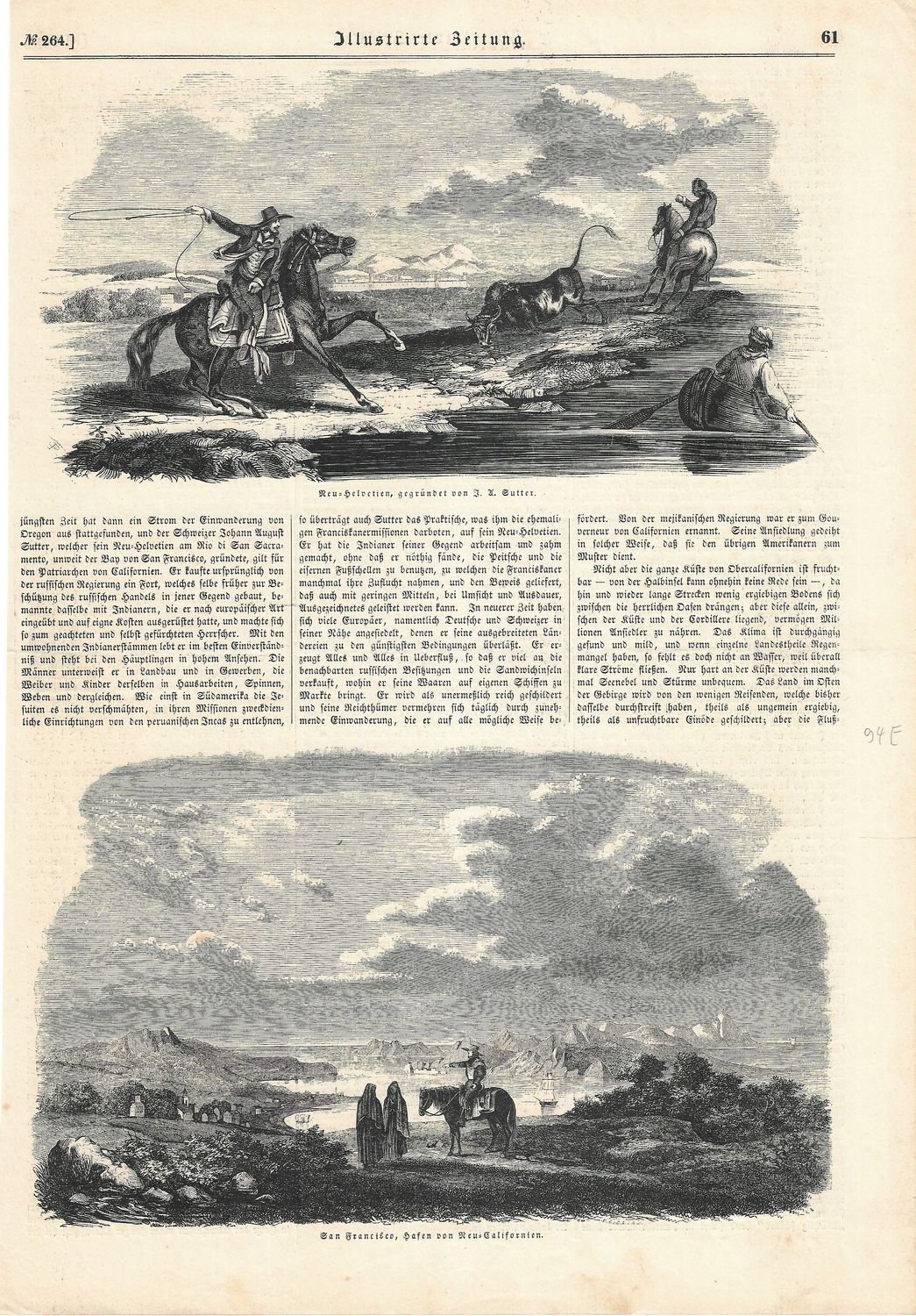 1850 View of San Francisco -the New Harbor of California and Sutter&#39;s Fort Cattle Scene in German
