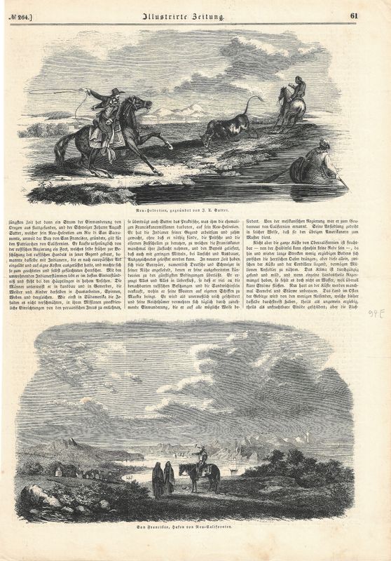 1850 View of San Francisco -the New Harbor of California and Sutter's Fort Cattle Scene in German