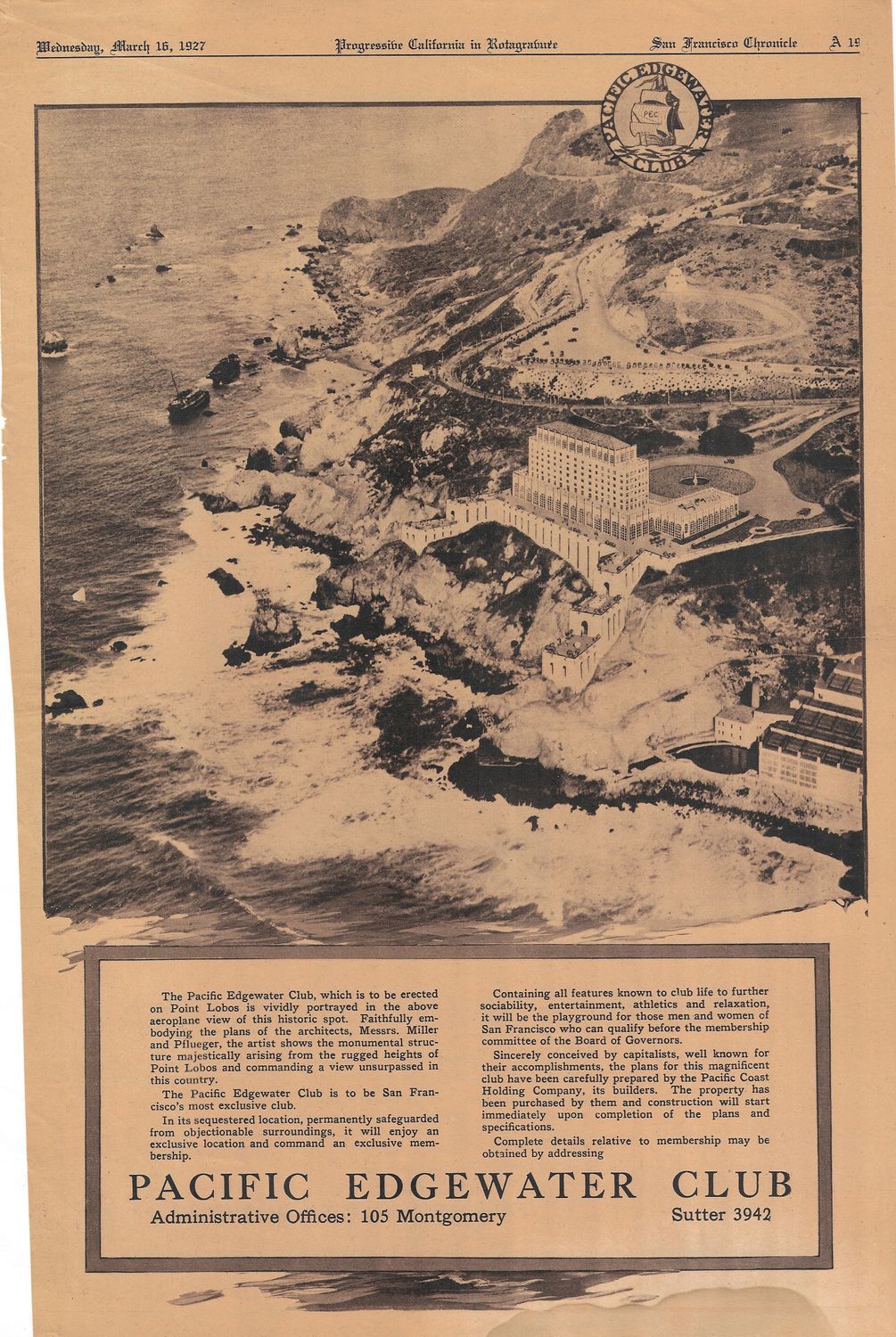1927 View of the Pacific Edgewater Club at Point Lobos in San Francisco from Progressive California 