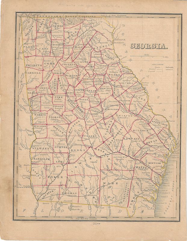 1844 Map of Georgia w/ railroads and counties w/ohc