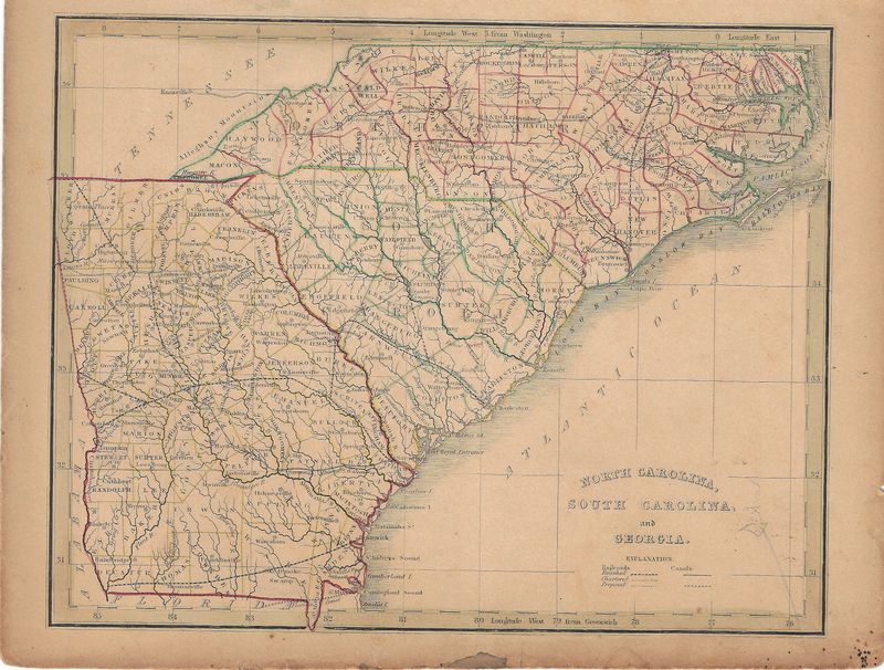 1844 Map of  Georgia, South Carolina , North Carolina  with railroads , canals and counties w/ohc