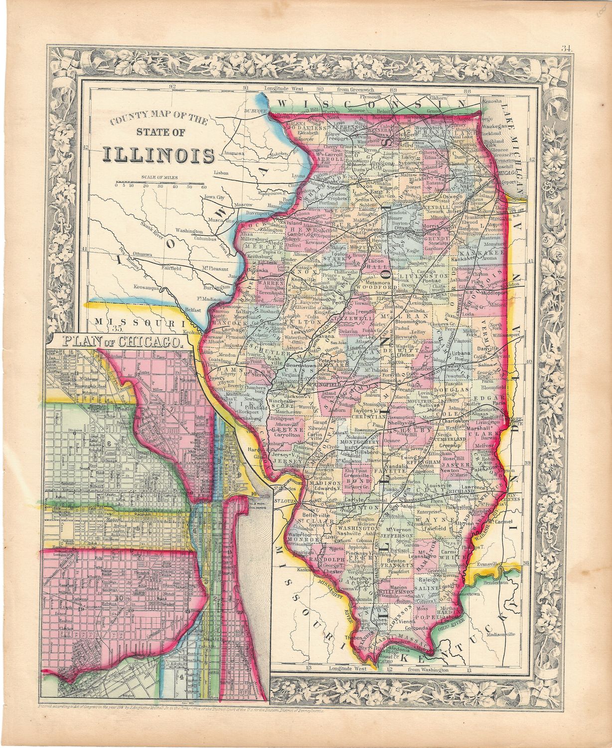1860 Map of Illinois with insert map of Chicago w/ohc by S. Augustus Mitchell