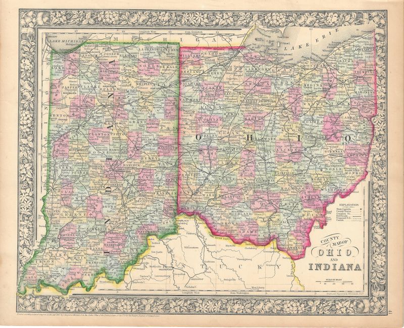 1866 (1860) Map of Ohio and Indiana w/ohc by S. Augustus Mitchell