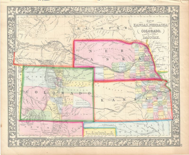 1866 (1861) Map of Kansas , Nebraska &amp; Colorado w/ohc by S. Augustus Mitchell
