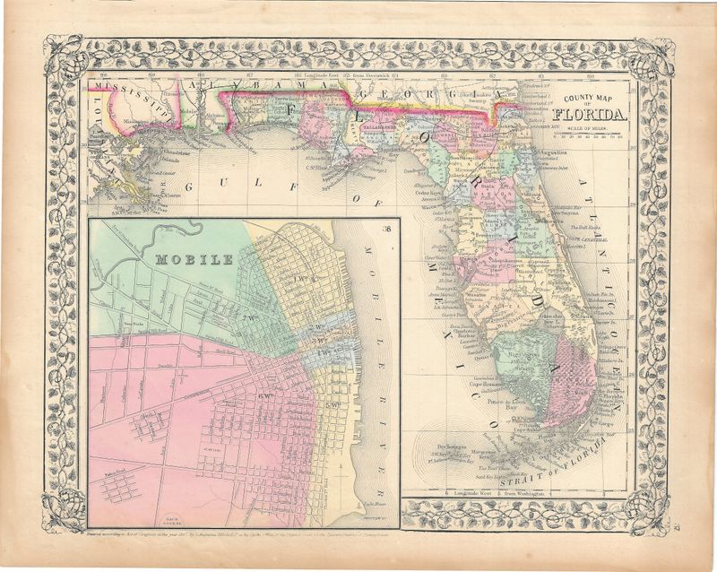 1867 Map of Florida w/insert map of Mobile , Al. w/ohc by S. Augustus Mitchell