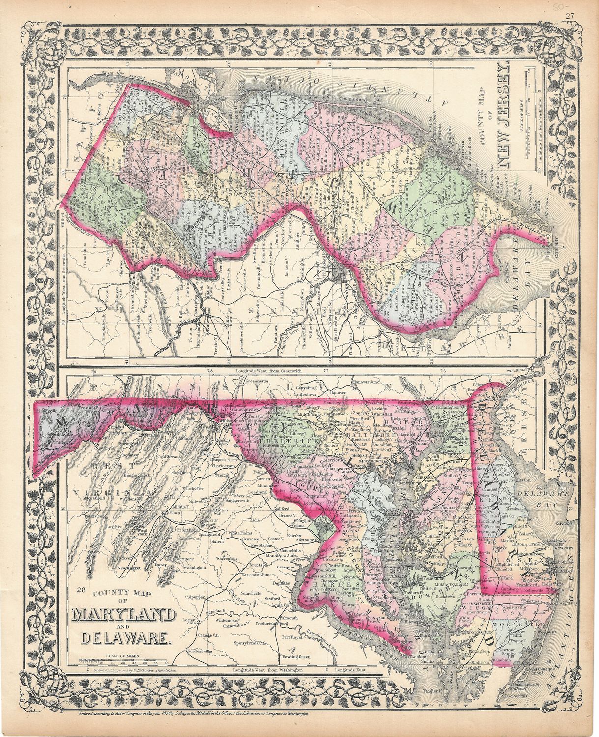 1867 Map of New Jersey, Maryland &amp; Delaware by S. Augustus Mitchell w/ ohc 