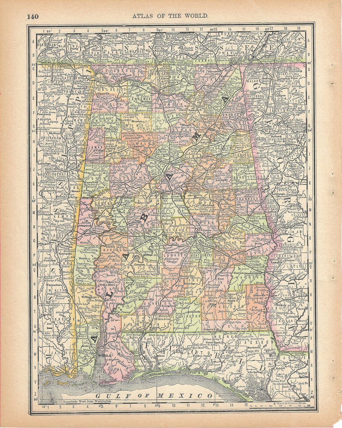 1888 Map of Alabama from the Atlas of the World by Rand