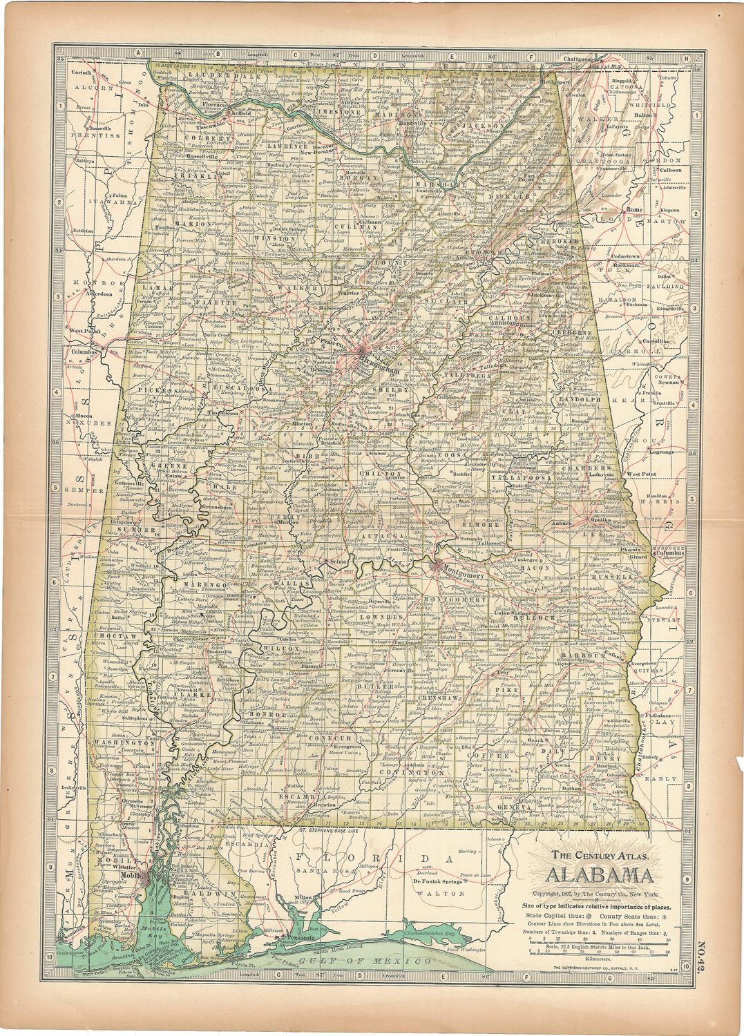 1897 Map of Alabama from the Century Atlas