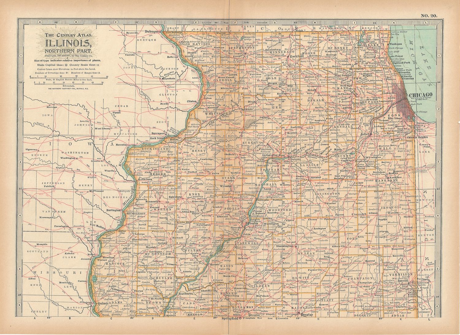 1897 Map of Illinois w/ insert of Chicago from the Century Atlas - pair