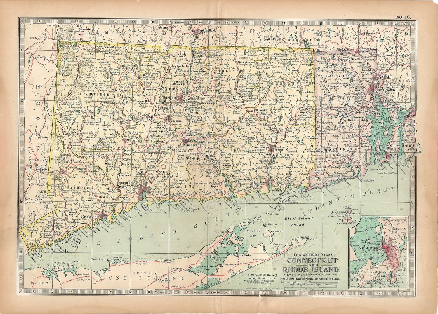 1897 Map of Connecticut &amp; Rhode Island from the Century Atlas