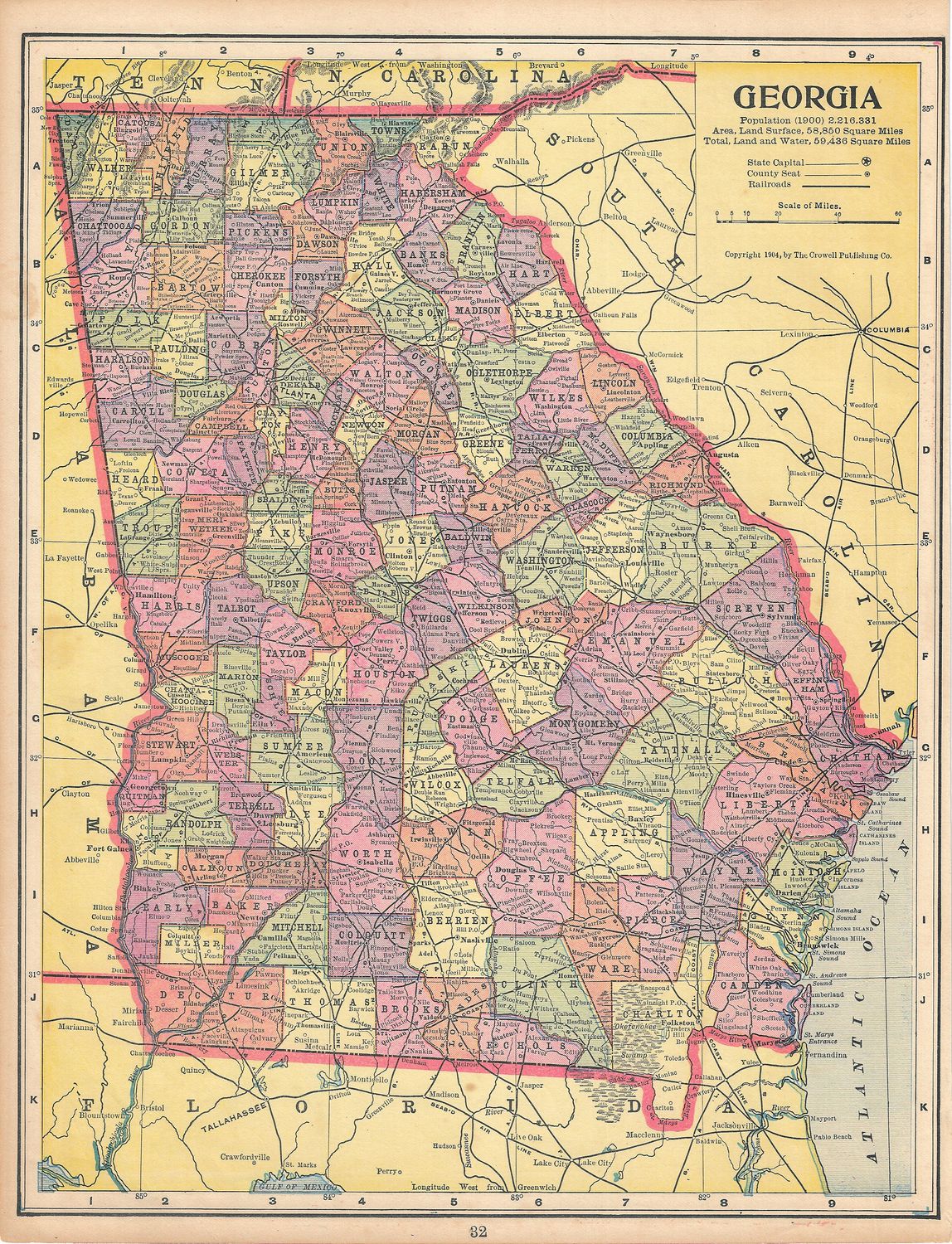1901 Map of Georgia by Crowell and Kirkpatrick Co.