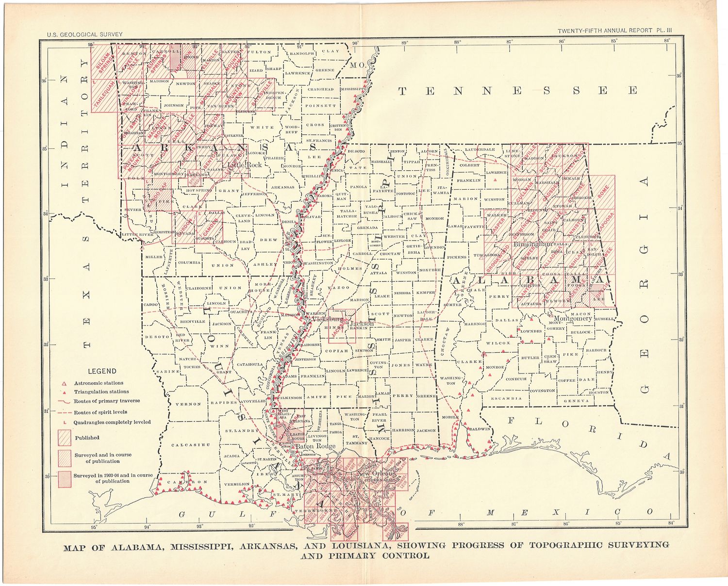 1905 USGS Index Map of Alabama, Mississippi, Arkansas &amp; Louisiana w/ legend