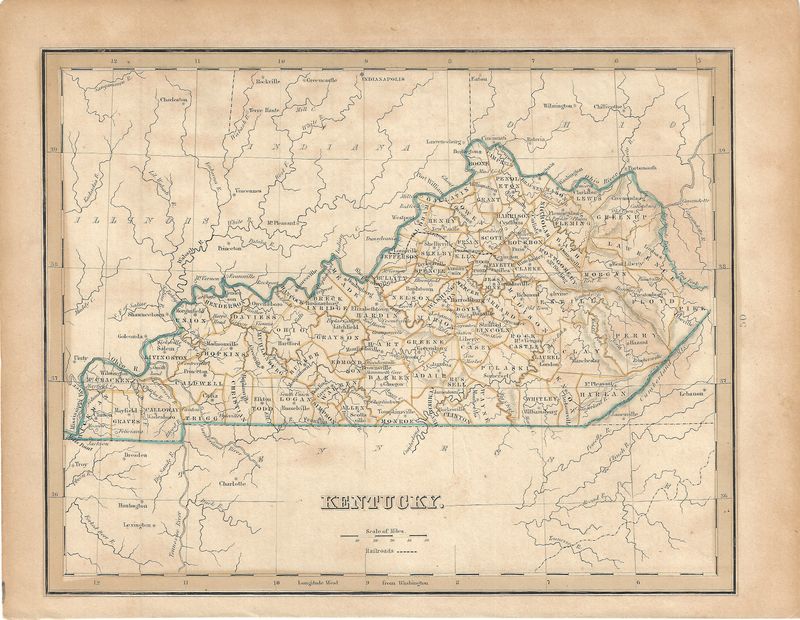 1844 Map of Kentucky showing Railroads and County lines w/ohc