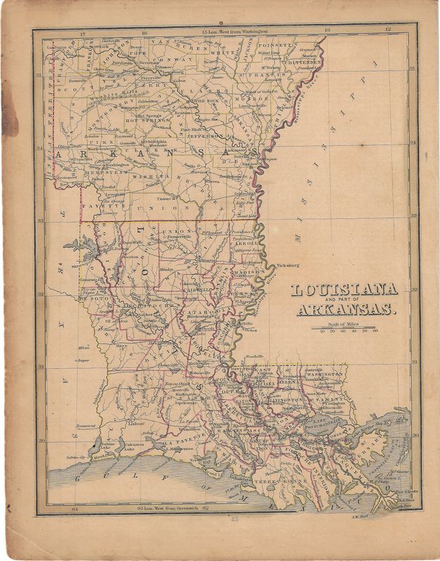 1844 Map of  Louisiana and Arkansas showing roads and county lines w/ohc