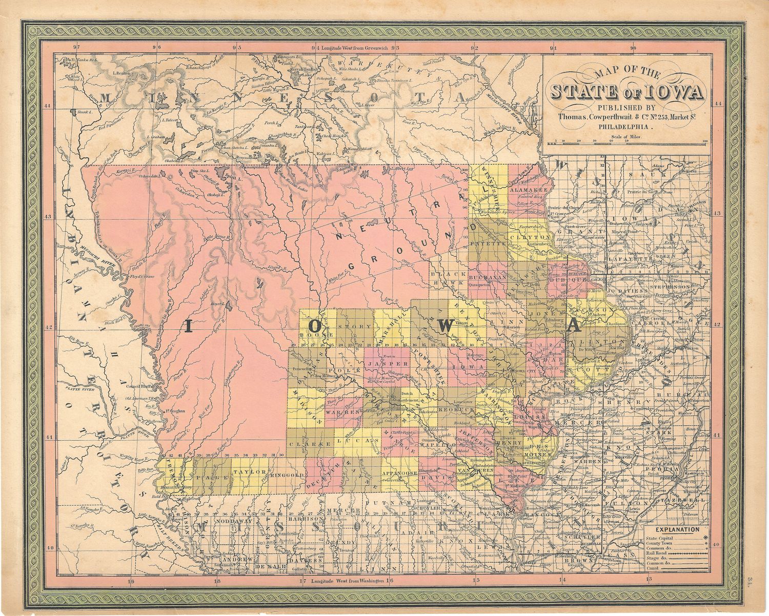 1850 Map of Iowa Including neutral ground by Cowperthwaite for S. A. Mitchell