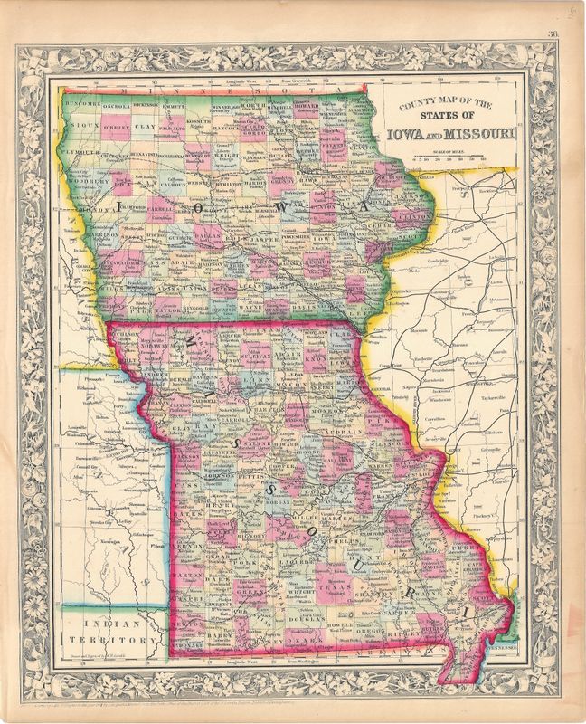 1860 Map of Iowa &amp; Missouri w/ ohc by S. Augustus Mitchell