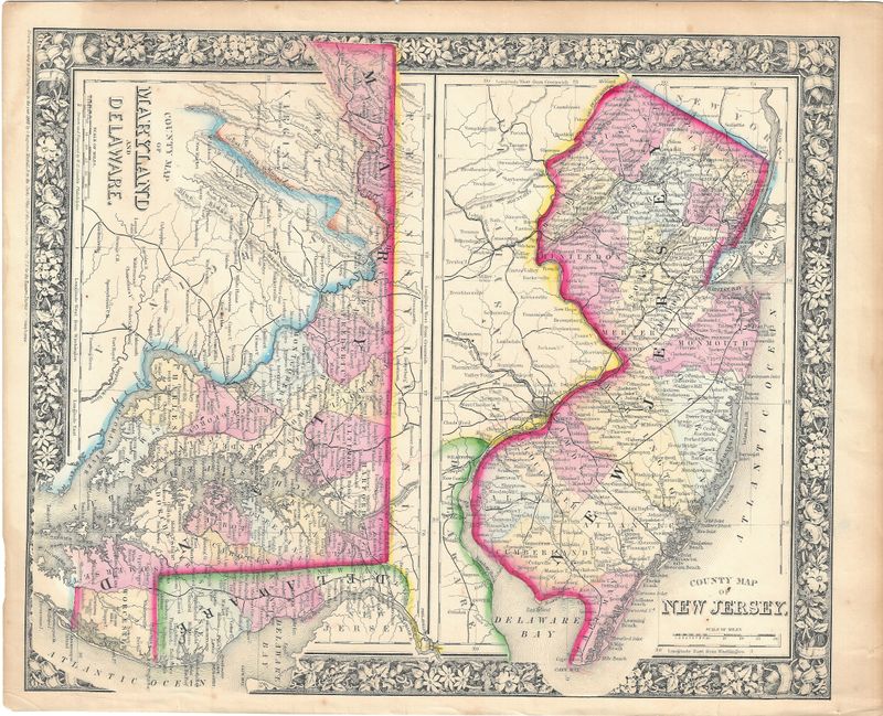 1865 Map of Maryland, Delaware &amp; New Jersey by S. Augustus Mitchell w/ ohc