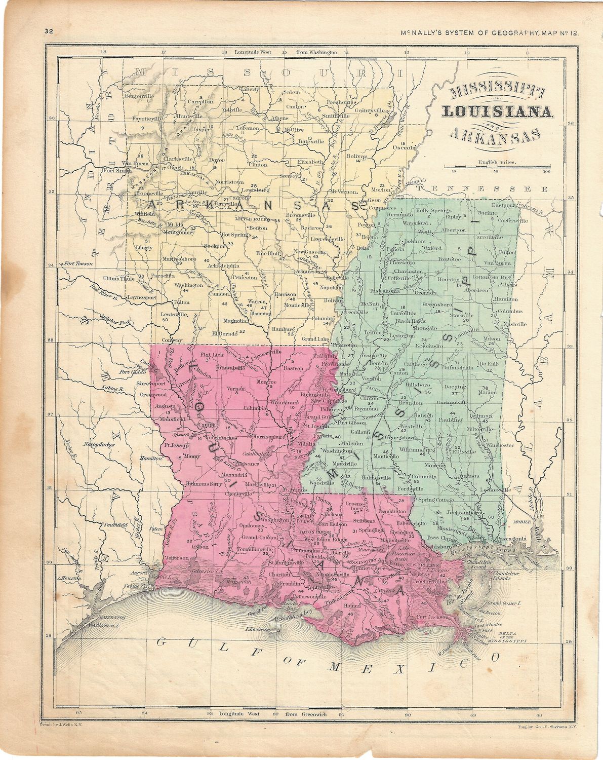 1876 Map of Louisiana, Mississippi &amp; Arkansas by McNally