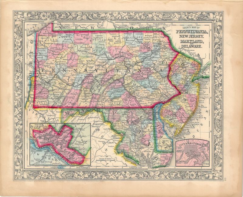 1860 Map of Pennsylvania, New Jersey, Maryland &amp; Delaware by S. Augustus Mitchell w/ ohc