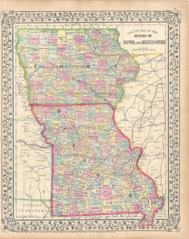 1867 Map of Iowa &amp; Missouri by S. Augustus Mitchell w/ ohc