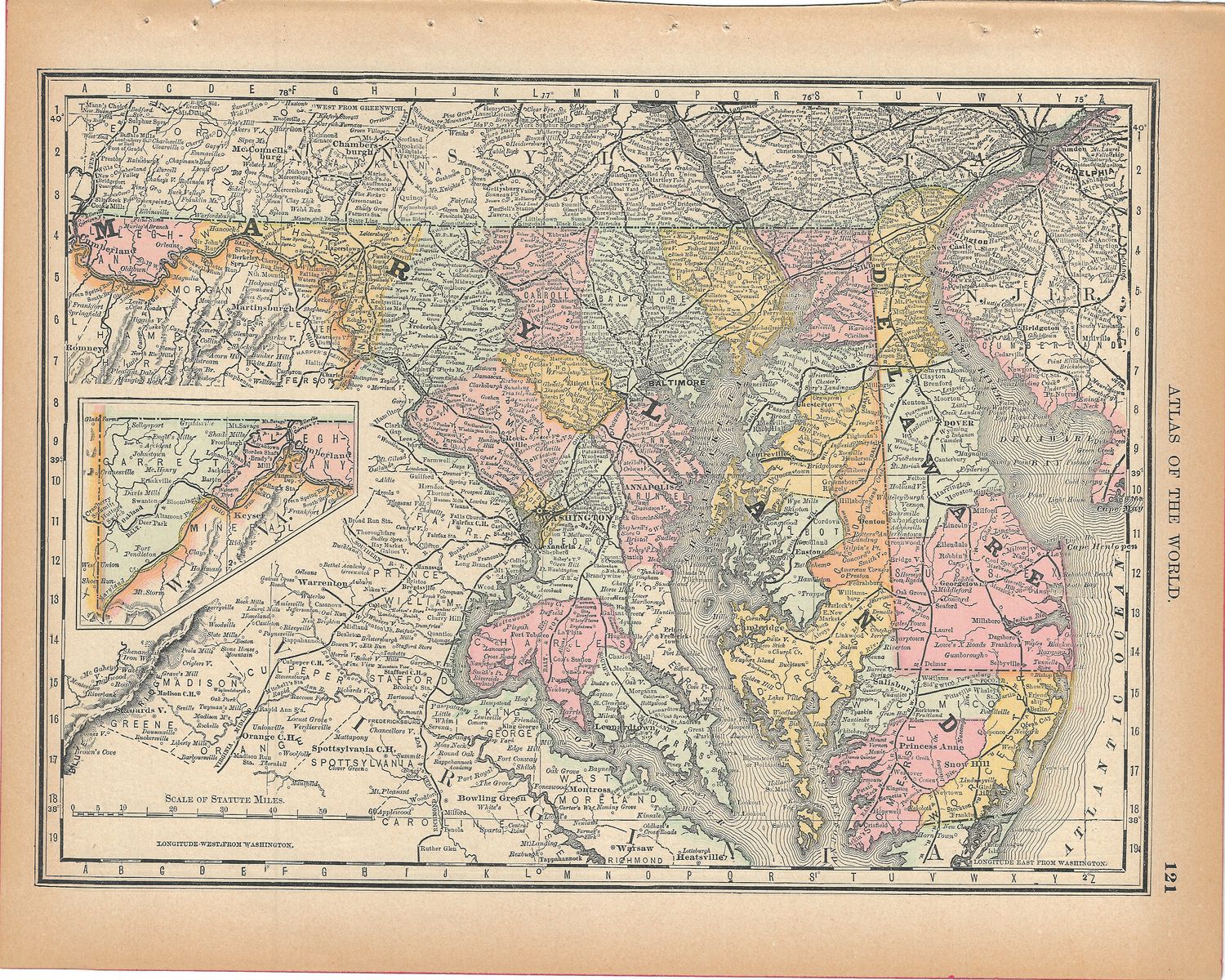 1888 Map of Maryland and Delaware from the Atlas of the World by CS Hammond