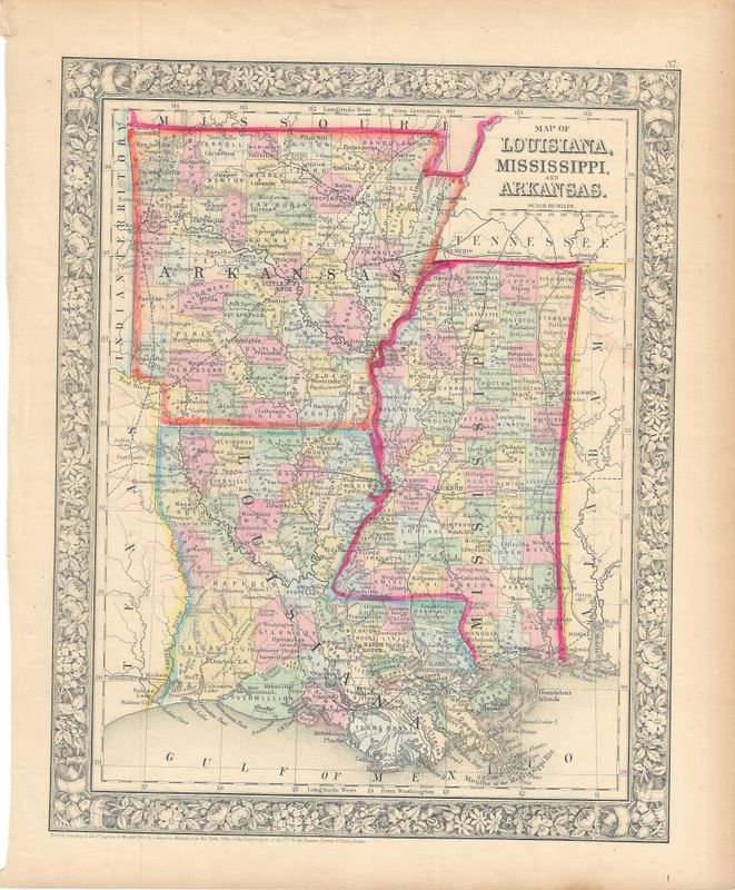 1866 (1860) Map of Louisiana, Mississippi and Arkansas by S. Augustus Mitchell w/ ohc