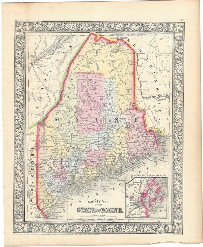 1866 (1860) Map of Maine by S. Augustus Mitchell w/ ohc